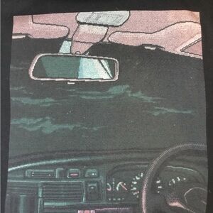 Graphic Car Interior Tee in Black with Teal & Pink Print Pixel art